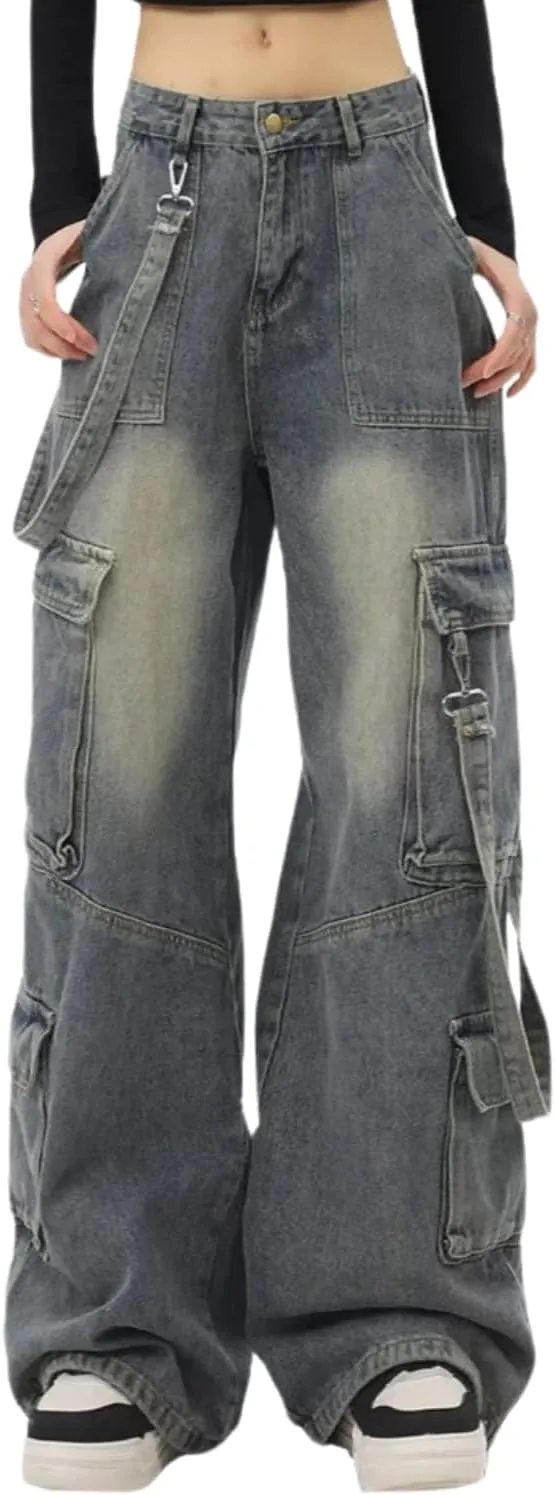 Baggy Cargo Pants for Women Girls Wide Leg Jeans Y2k Hip Hop Streetwear Low Rise Oversized Jeans Grunge Clothes Blue