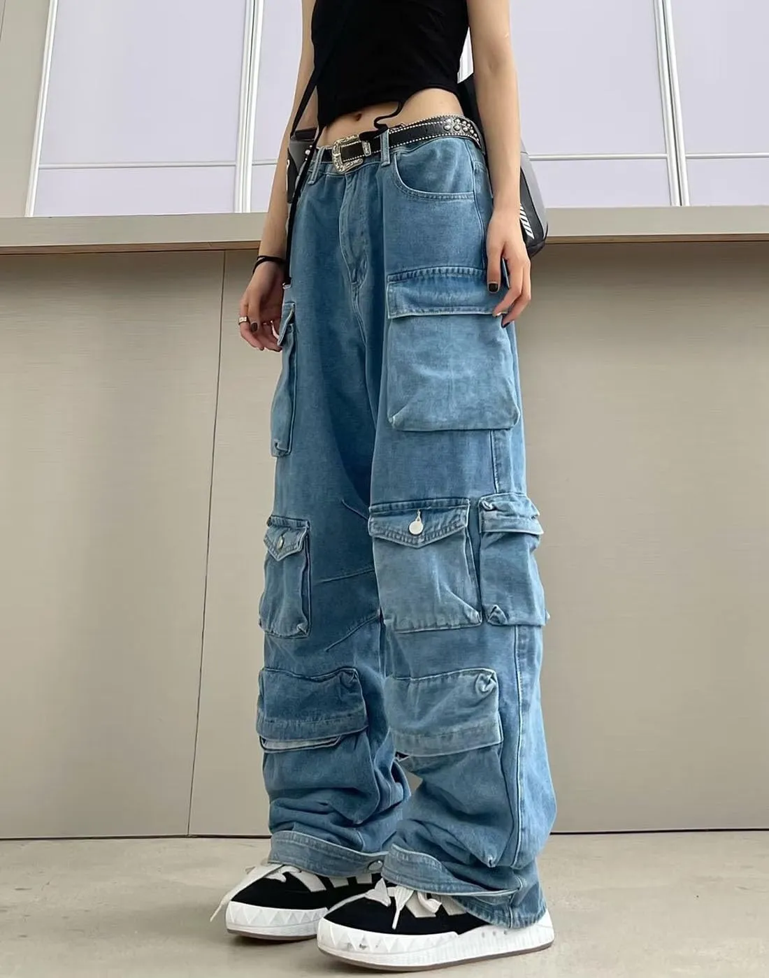 Baggy Cargo Pants for Women Girls Wide Leg Jeans Y2k Hip Hop Streetwear Low Rise Oversized Jeans Grunge Clothes Blue