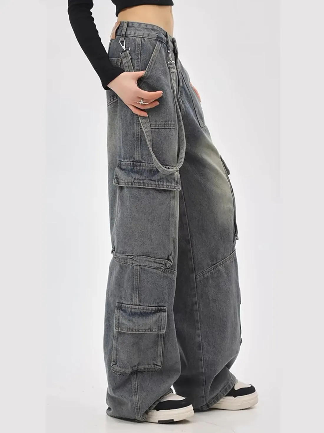 Baggy Cargo Pants for Women Girls Wide Leg Jeans Y2k Hip Hop Streetwear Low Rise Oversized Jeans Grunge Clothes Blue
