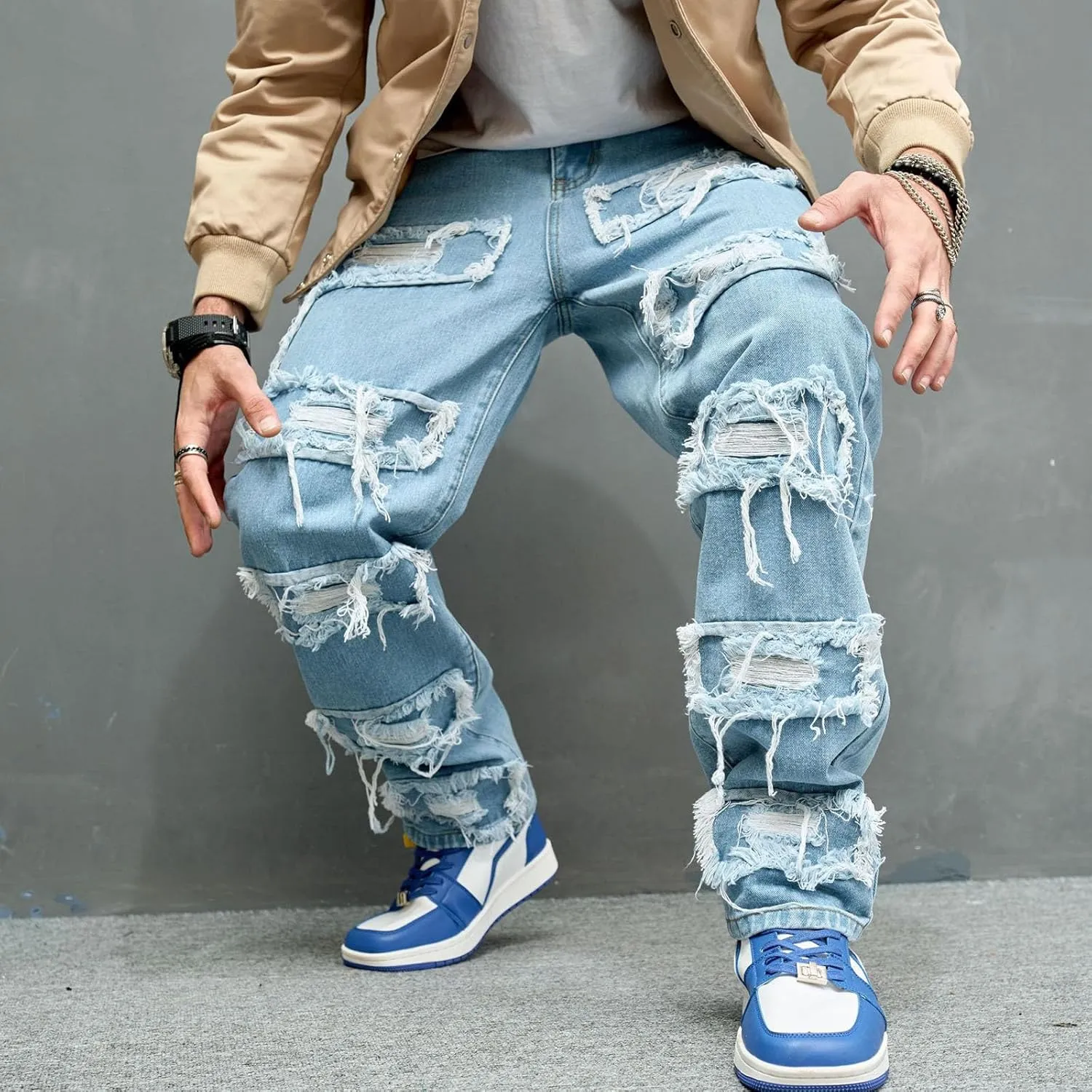 Baggy Stacked Jeans Men Teen Boys Y2k Mid Rise Distressed Ripped Jeans Straight Leg Hip Hop Denim Pants Streetwear