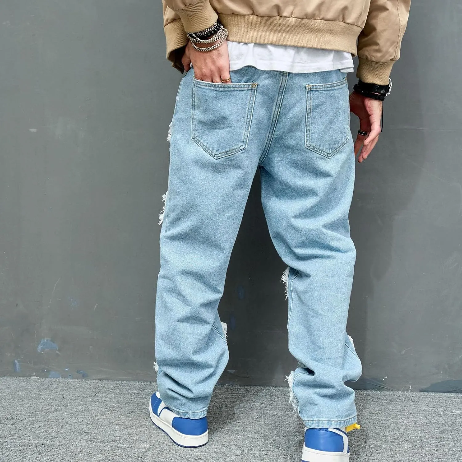 Baggy Stacked Jeans Men Teen Boys Y2k Mid Rise Distressed Ripped Jeans Straight Leg Hip Hop Denim Pants Streetwear