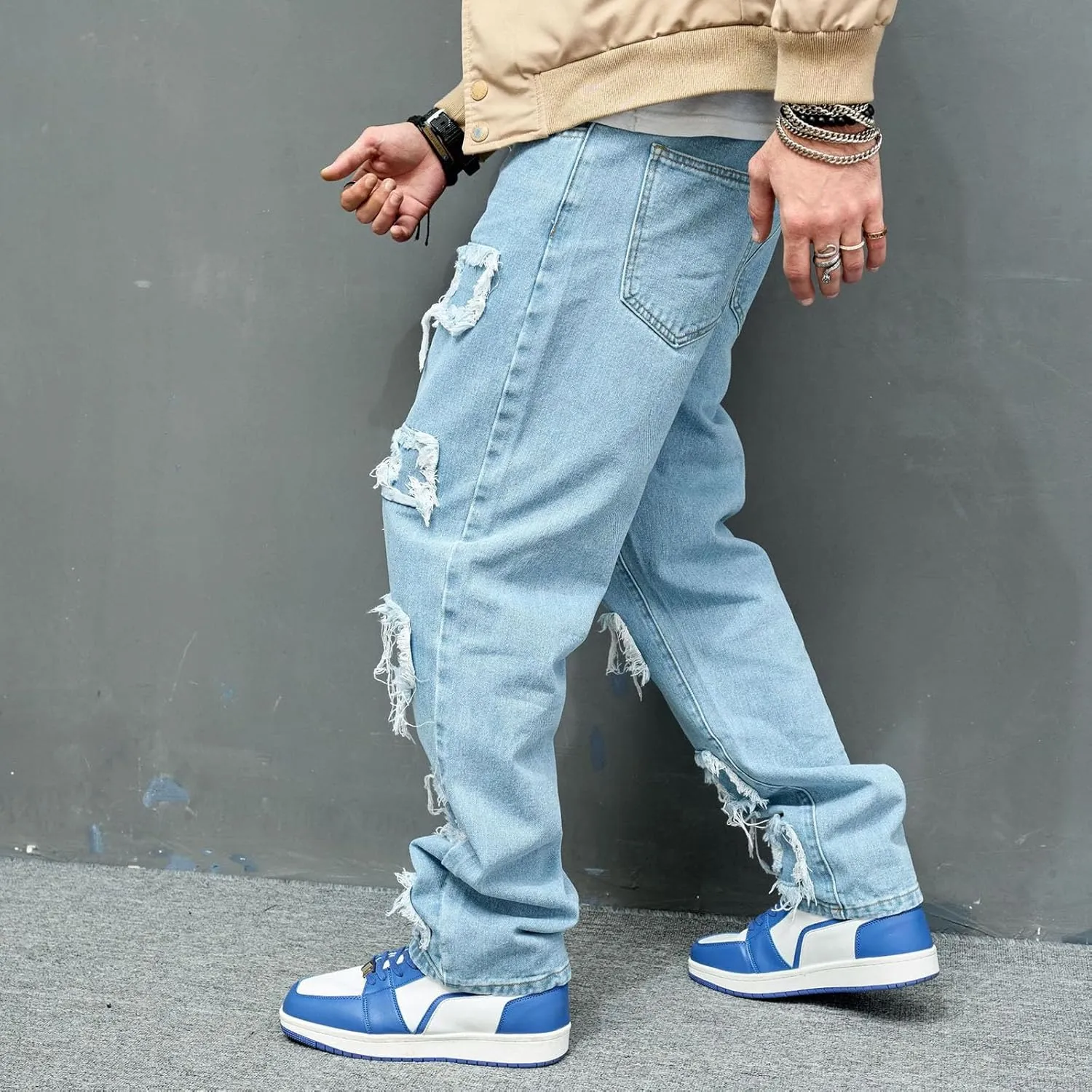 Baggy Stacked Jeans Men Teen Boys Y2k Mid Rise Distressed Ripped Jeans Straight Leg Hip Hop Denim Pants Streetwear
