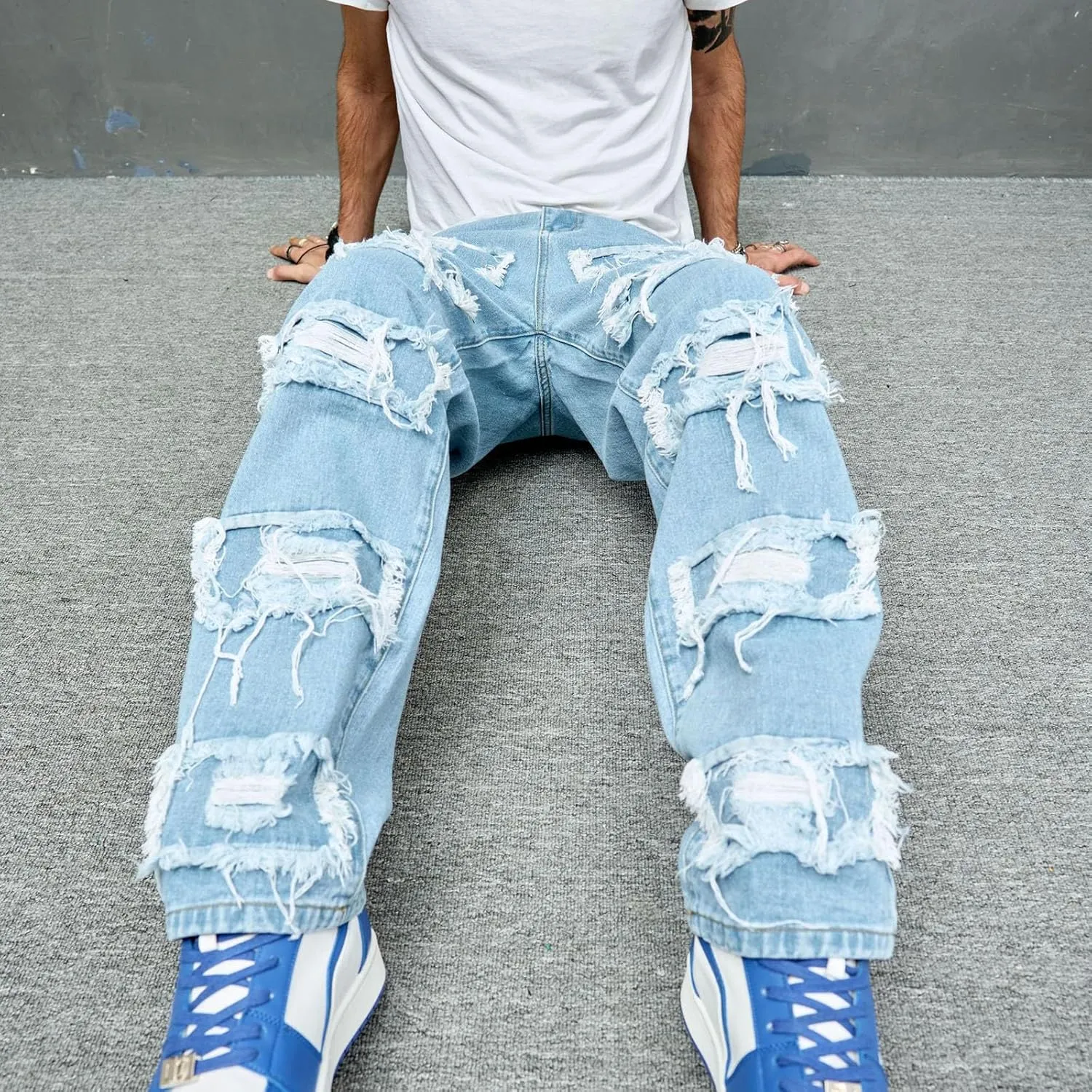 Baggy Stacked Jeans Men Teen Boys Y2k Mid Rise Distressed Ripped Jeans Straight Leg Hip Hop Denim Pants Streetwear