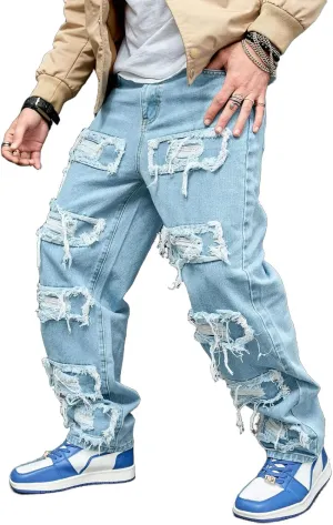 Baggy Stacked Jeans Men Teen Boys Y2k Mid Rise Distressed Ripped Jeans Straight Leg Hip Hop Denim Pants Streetwear