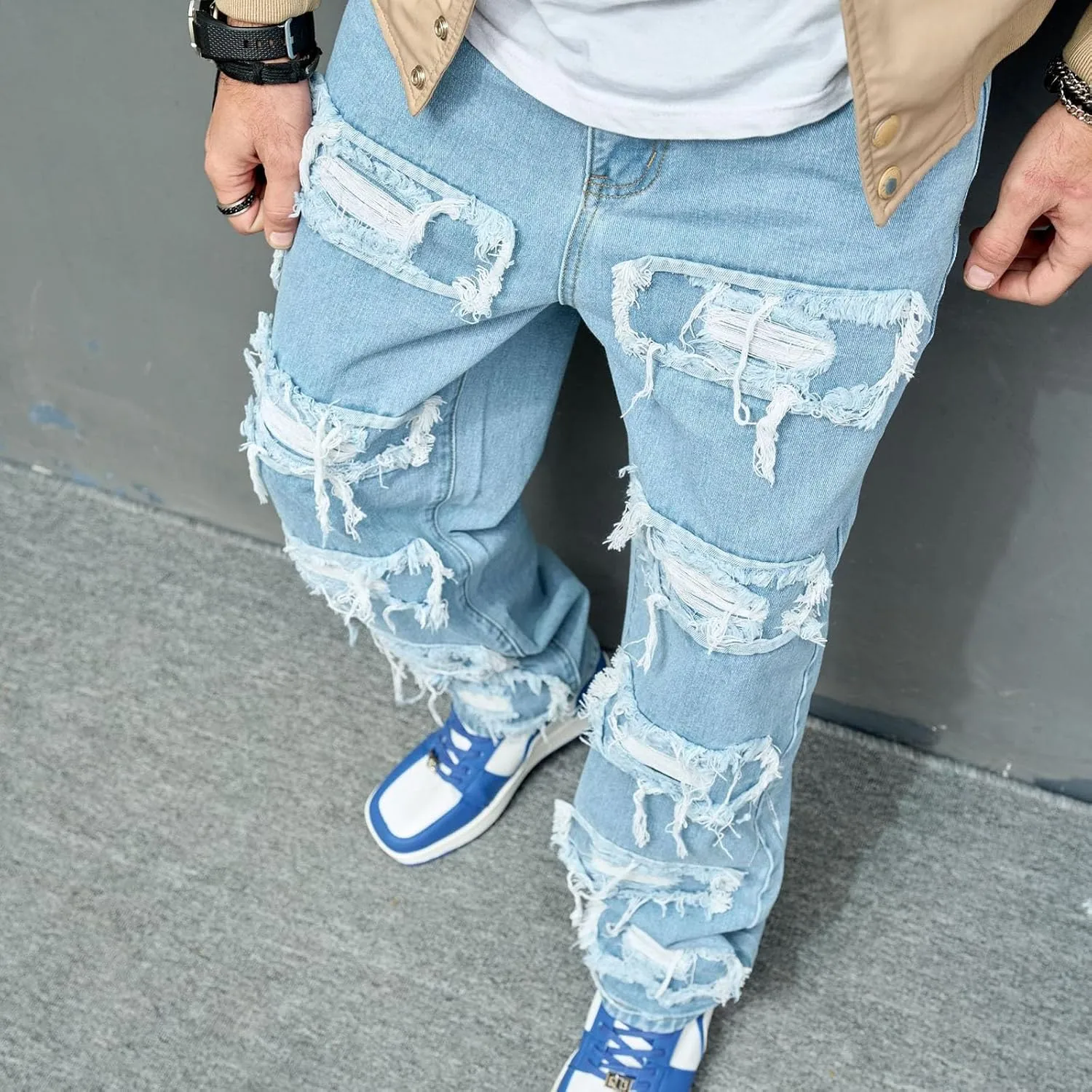 Baggy Stacked Jeans Men Teen Boys Y2k Mid Rise Distressed Ripped Jeans Straight Leg Hip Hop Denim Pants Streetwear