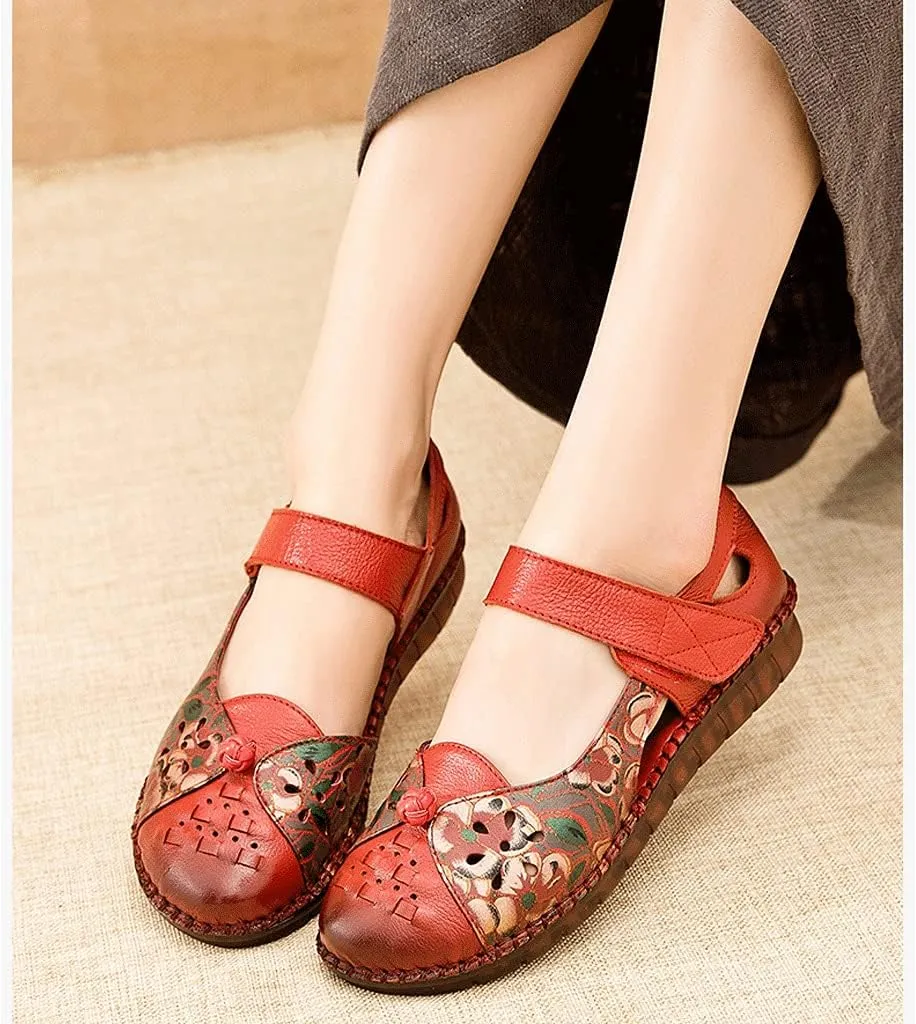 Baotou Hollow Sandals for Women in Summer, Handmade Ethnic Style Top Layer Cowhide Soles, Casual Large Size Women's Shoes Size 35-43EUR (Color : Bean Paste, Size : 35EUR)