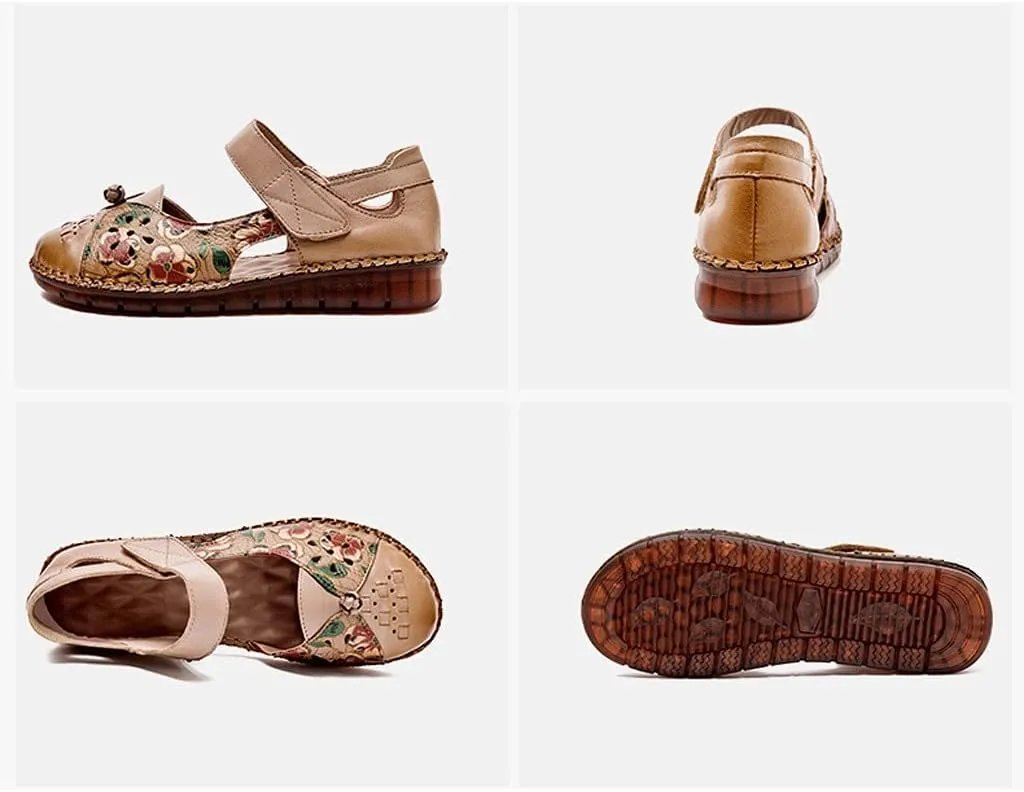 Baotou Hollow Sandals for Women in Summer, Handmade Ethnic Style Top Layer Cowhide Soles, Casual Large Size Women's Shoes Size 35-43EUR (Color : Bean Paste, Size : 35EUR)