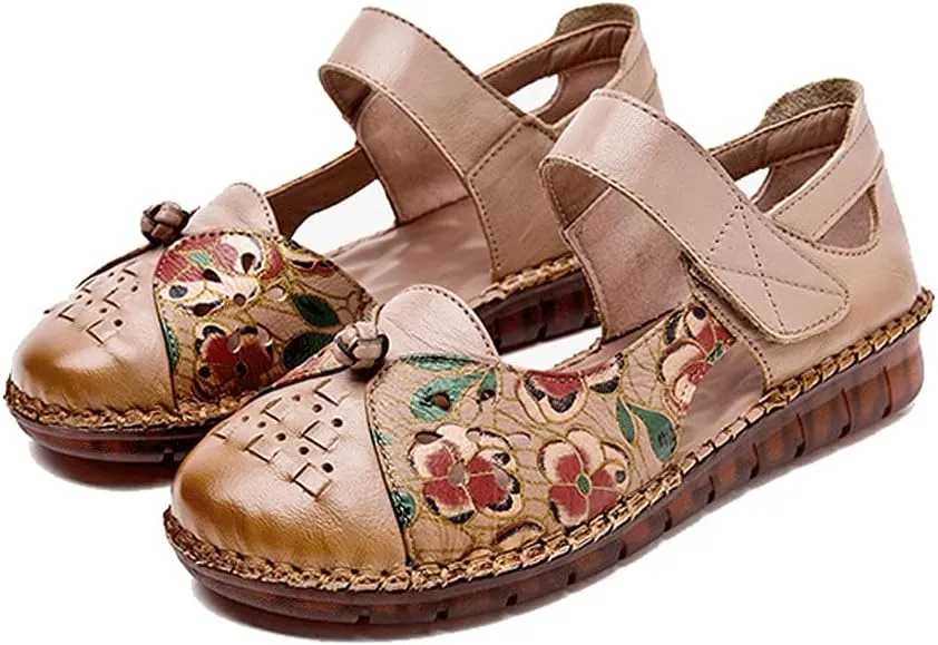 Baotou Hollow Sandals for Women in Summer, Handmade Ethnic Style Top Layer Cowhide Soles, Casual Large Size Women's Shoes Size 35-43EUR (Color : Bean Paste, Size : 35EUR)