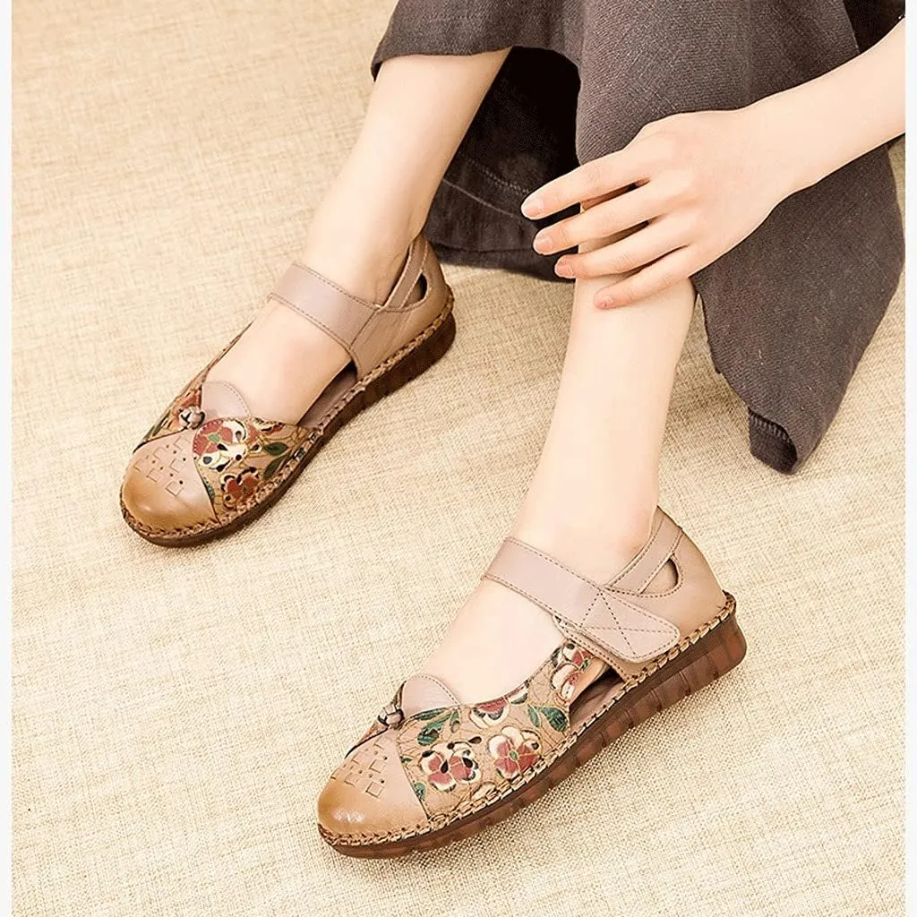 Baotou Hollow Sandals for Women in Summer, Handmade Ethnic Style Top Layer Cowhide Soles, Casual Large Size Women's Shoes Size 35-43EUR (Color : Bean Paste, Size : 35EUR)