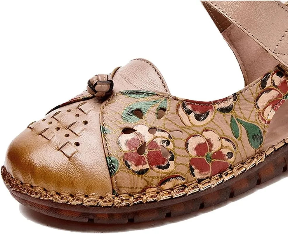 Baotou Hollow Sandals for Women in Summer, Handmade Ethnic Style Top Layer Cowhide Soles, Casual Large Size Women's Shoes Size 35-43EUR (Color : Bean Paste, Size : 35EUR)