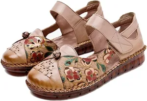 Baotou Hollow Sandals for Women in Summer, Handmade Ethnic Style Top Layer Cowhide Soles, Casual Large Size Women's Shoes Size 35-43EUR (Color : Bean Paste, Size : 35EUR)