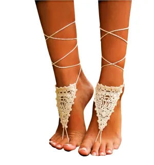 Barmine Chantilly Crochet Ivory Barefoot Sandals, cotton Anklet, 1 pair