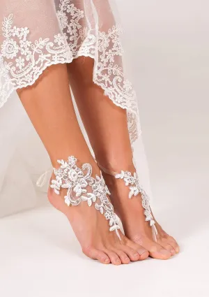 Barmine Lace Sequins Barefoot Sandals, handmade in Europe with off-white lace for wedding, one size, 1 pair