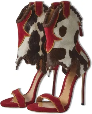 Beauty Cry Womens Cowboy Heels Stiletto High Zipper Open Toe Sandals With Embroidered For Music Festival