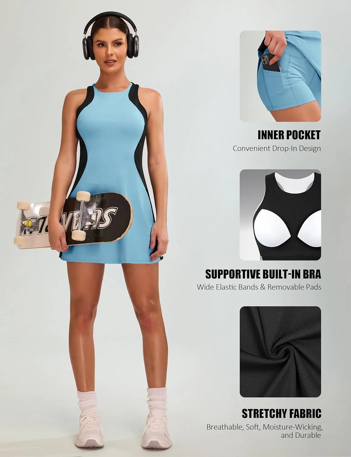 Blooming Jelly Women Tennis Dress Casual Athletic Color Block Outfit Racerback Built in Bra Golf Separate Shorts with Pocket