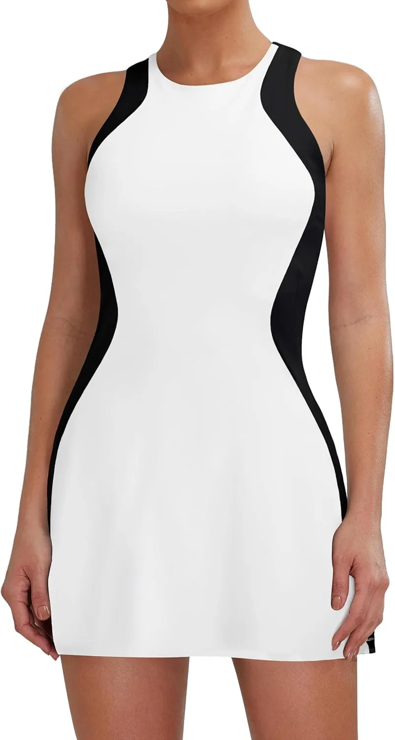 Blooming Jelly Women Tennis Dress Casual Athletic Color Block Outfit Racerback Built in Bra Golf Separate Shorts with Pocket