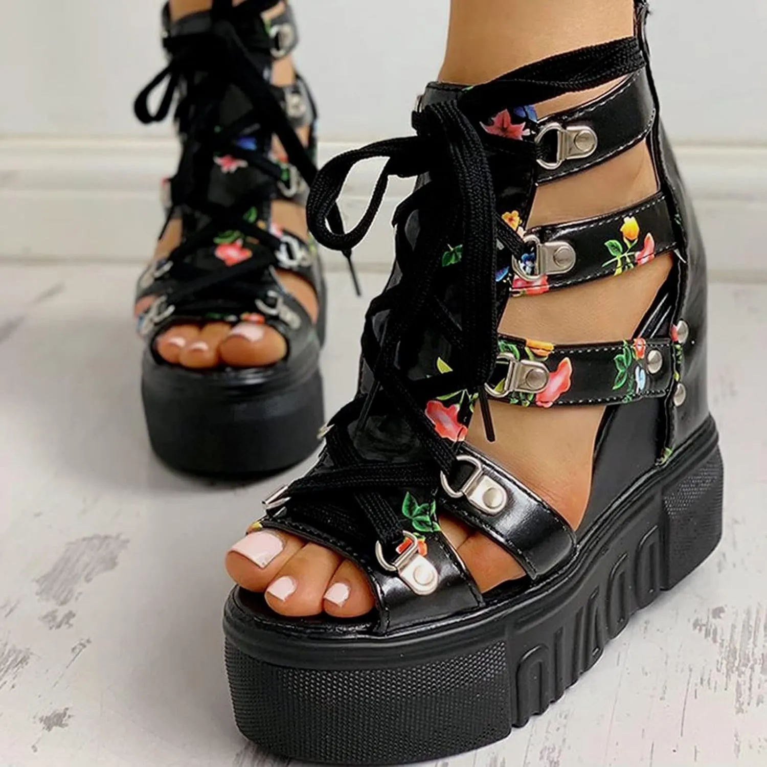 BORAMAX Women Cutout Floral Sandals Casual Summer Open Toe Floral Sandals Wedge Sandals Lace up Back Zipper Platform Sandals