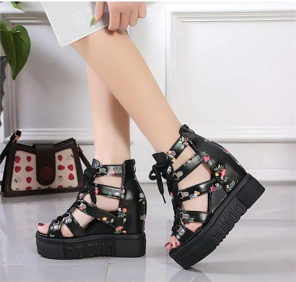 BORAMAX Women Cutout Floral Sandals Casual Summer Open Toe Floral Sandals Wedge Sandals Lace up Back Zipper Platform Sandals