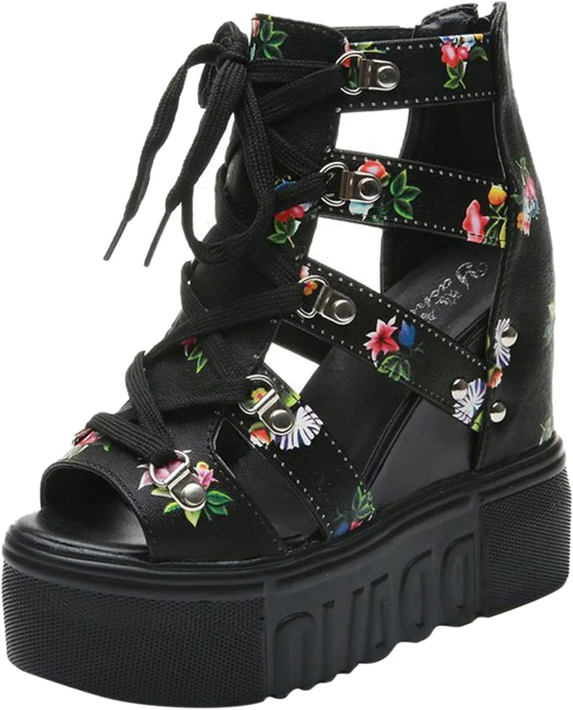 BORAMAX Women Cutout Floral Sandals Casual Summer Open Toe Floral Sandals Wedge Sandals Lace up Back Zipper Platform Sandals