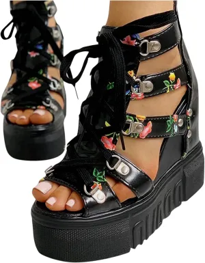 BORAMAX Women Cutout Floral Sandals Casual Summer Open Toe Floral Sandals Wedge Sandals Lace up Back Zipper Platform Sandals