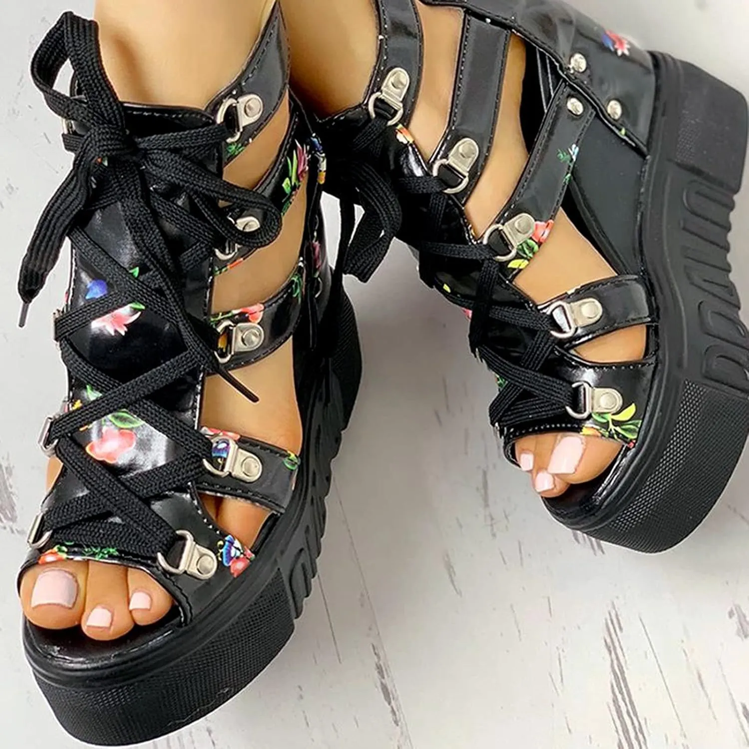 BORAMAX Women Cutout Floral Sandals Casual Summer Open Toe Floral Sandals Wedge Sandals Lace up Back Zipper Platform Sandals