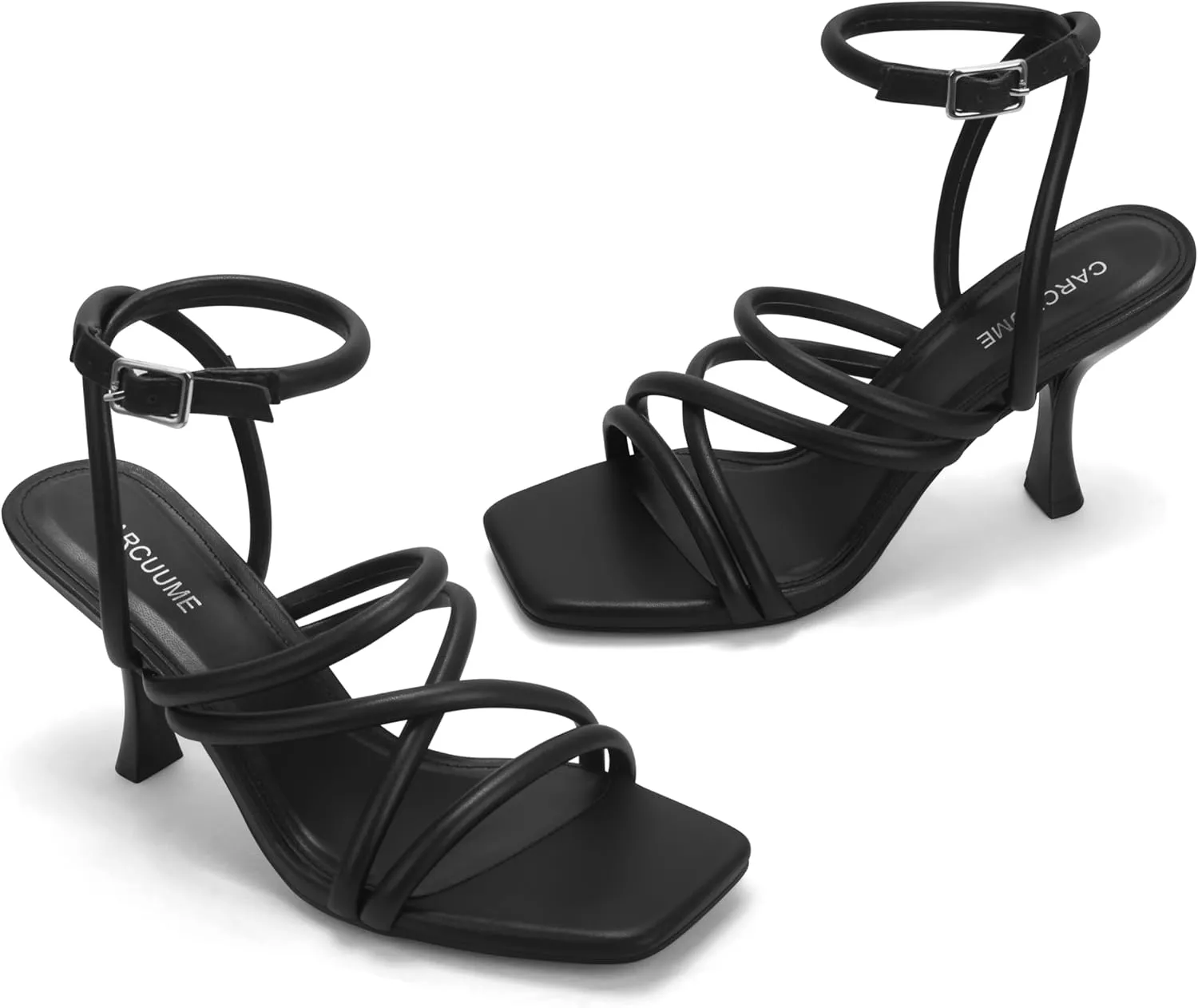 Carcuume Women's Square Toe Strappy Lace Up Heeled Sandals Ankle Buckle Kitten Heel