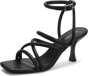 Carcuume Women's Square Toe Strappy Lace Up Heeled Sandals Ankle Buckle Kitten Heel