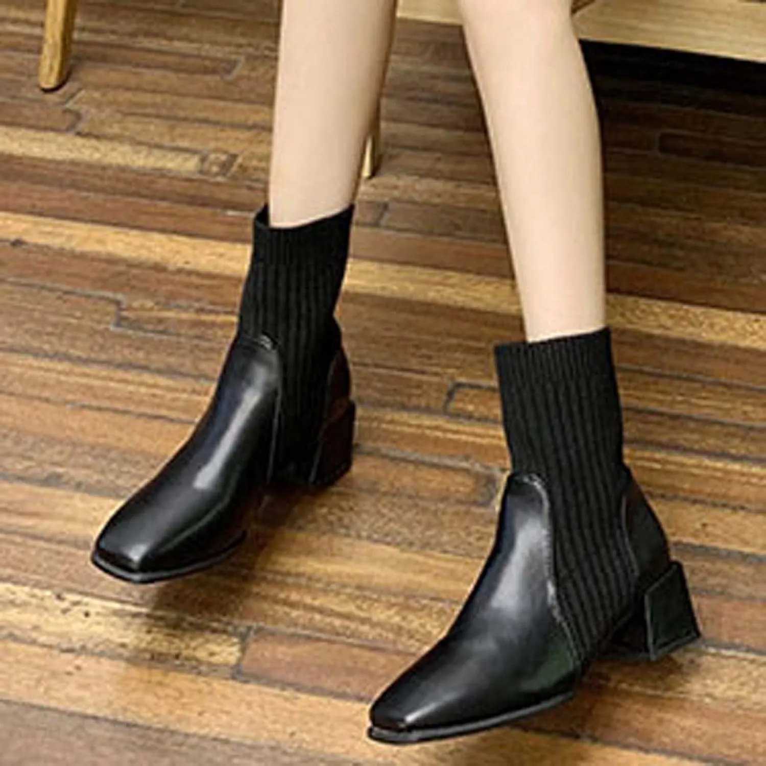Chunky Ankle Boots for Women 2022 Fashion Square Toe Knit Socks Patchwork Slip on Block High Heel Booties Solid Stretch Casual Ladies Shoes