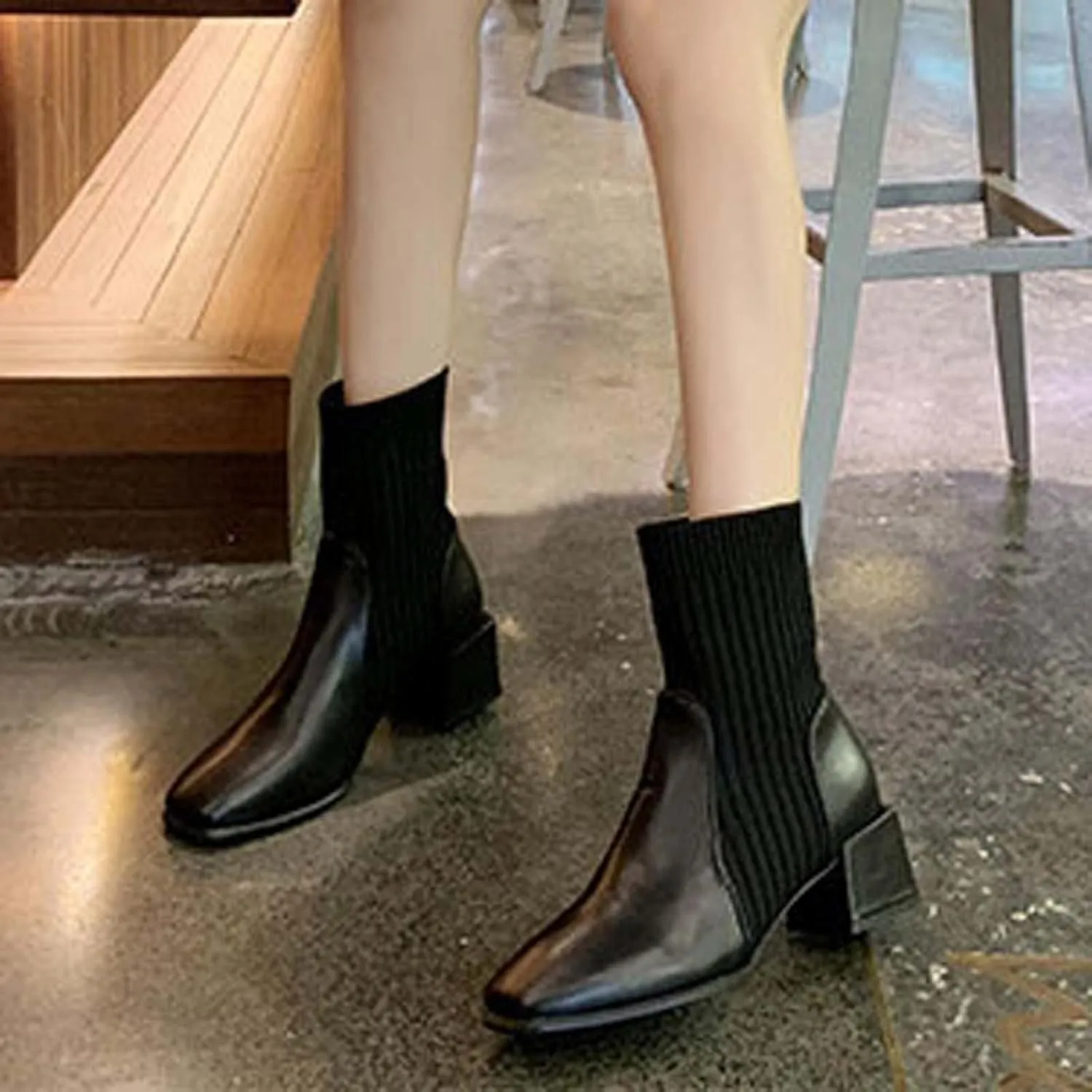 Chunky Ankle Boots for Women 2022 Fashion Square Toe Knit Socks Patchwork Slip on Block High Heel Booties Solid Stretch Casual Ladies Shoes