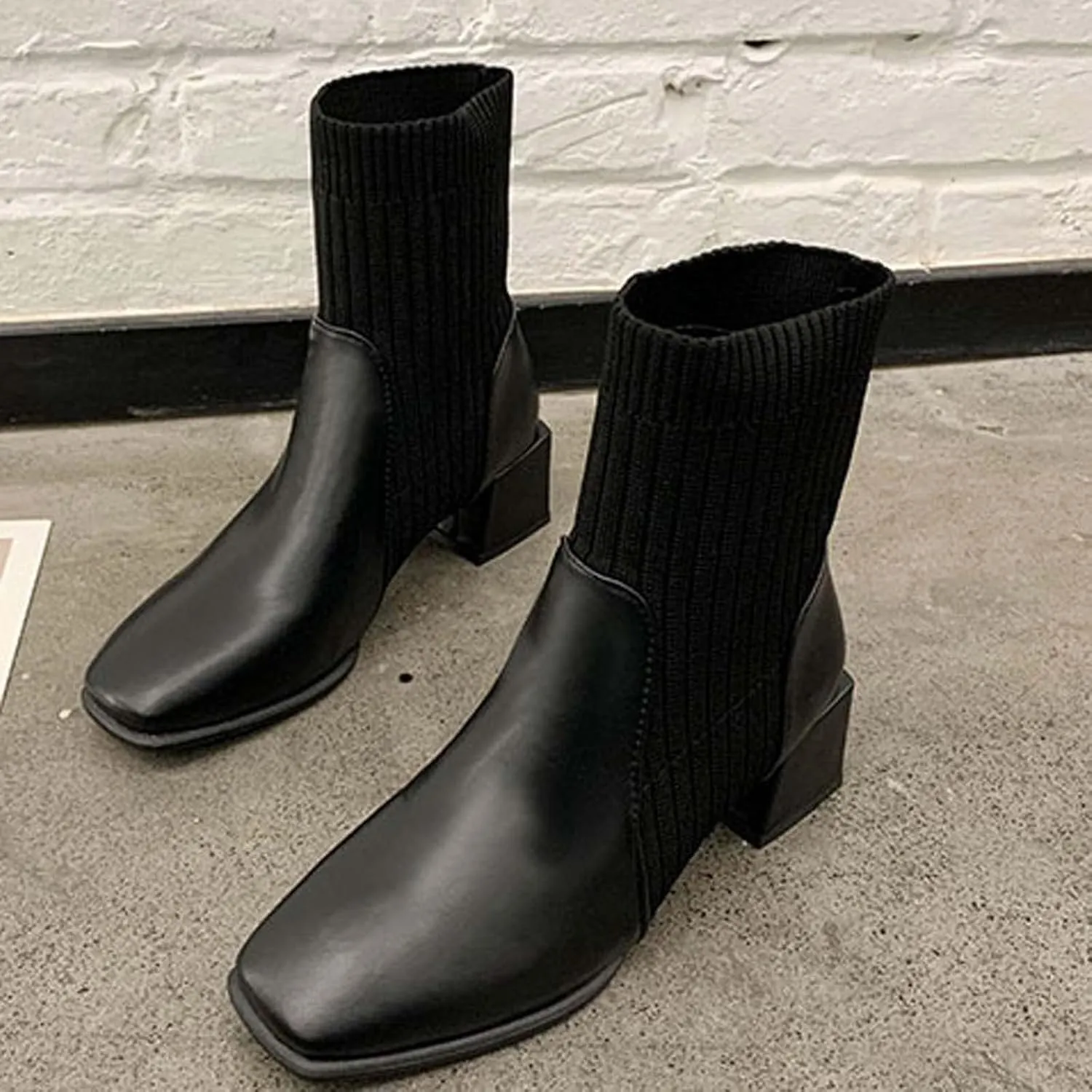 Chunky Ankle Boots for Women 2022 Fashion Square Toe Knit Socks Patchwork Slip on Block High Heel Booties Solid Stretch Casual Ladies Shoes