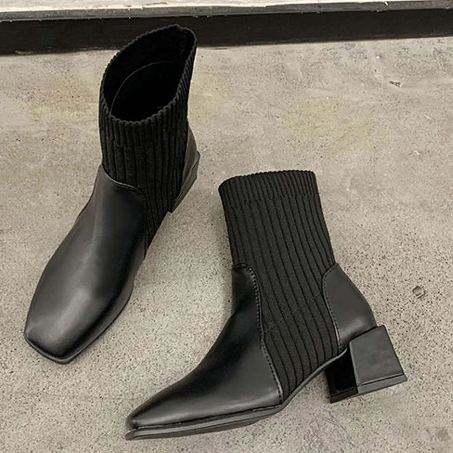 Chunky Ankle Boots for Women 2022 Fashion Square Toe Knit Socks Patchwork Slip on Block High Heel Booties Solid Stretch Casual Ladies Shoes
