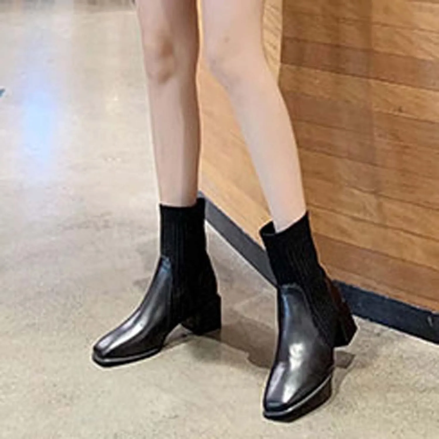 Chunky Ankle Boots for Women 2022 Fashion Square Toe Knit Socks Patchwork Slip on Block High Heel Booties Solid Stretch Casual Ladies Shoes