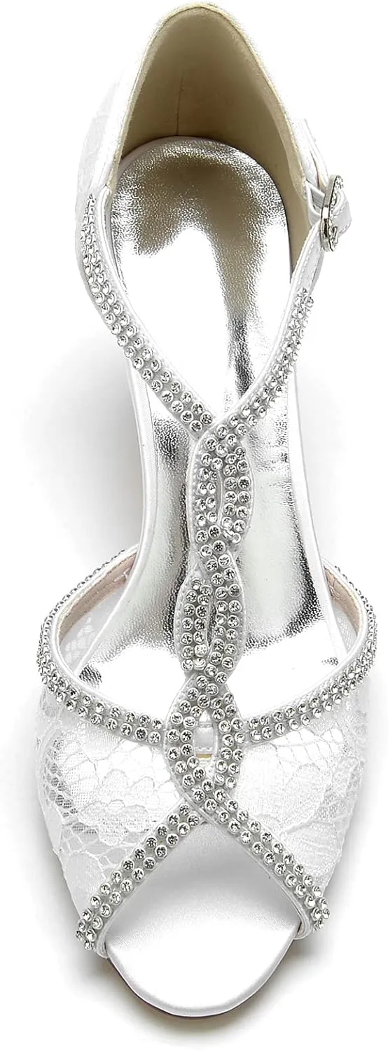 Comfortable Wedding Bridal Shoes Beaded Lace with mid Heeled Open Toe Pumps Sandals Shoes Women Dress Shoes for Wedding Woman Bride High Heels