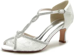 Comfortable Wedding Bridal Shoes Beaded Lace with mid Heeled Open Toe Pumps Sandals Shoes Women Dress Shoes for Wedding Woman Bride High Heels