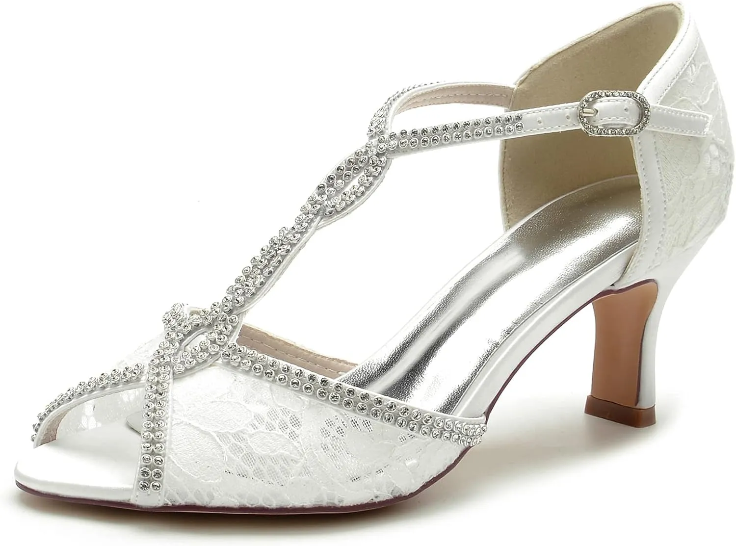 Comfortable Wedding Bridal Shoes Beaded Lace with mid Heeled Open Toe Pumps Sandals Shoes Women Dress Shoes for Wedding Woman Bride High Heels