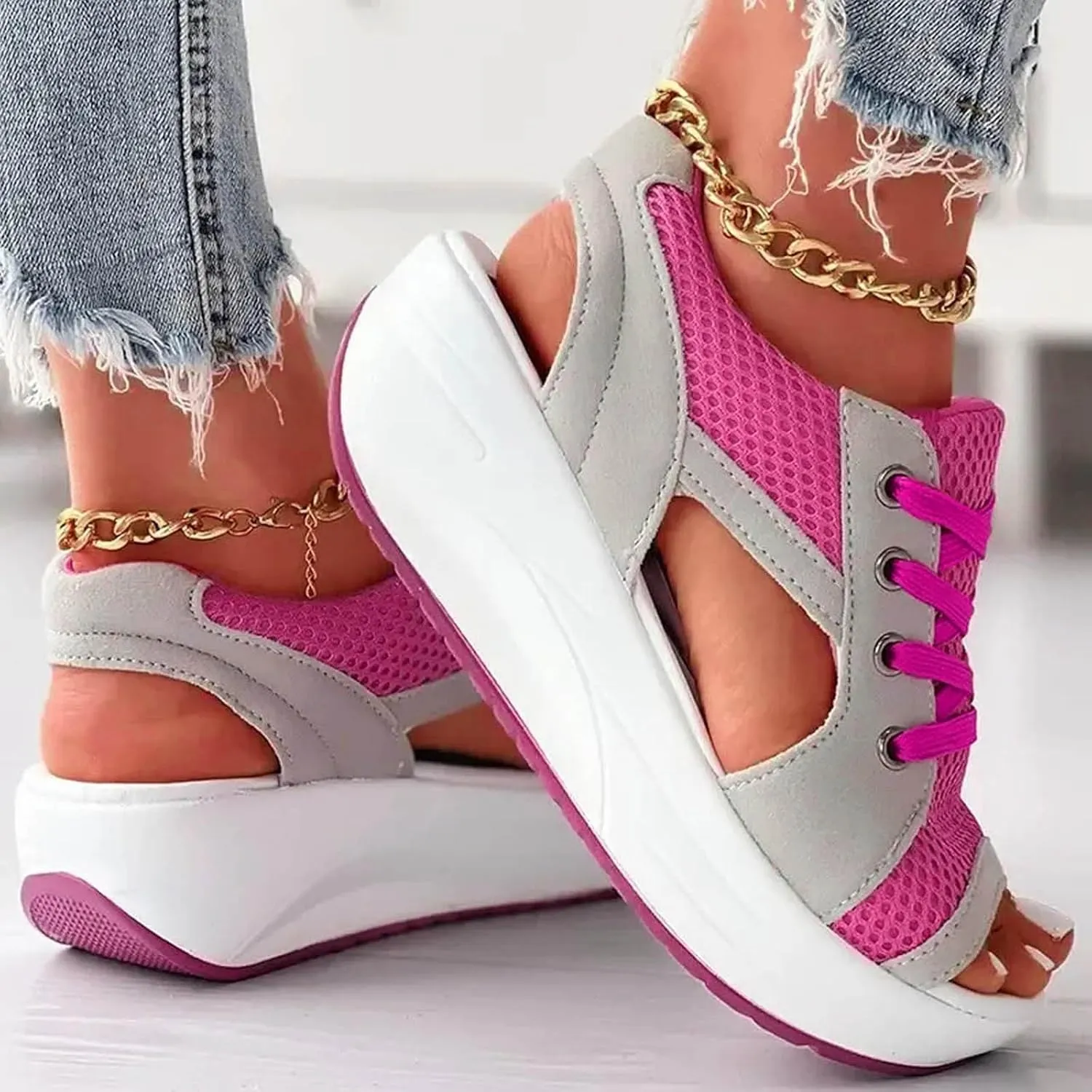 Contrast Paneled Cutout Lace-Up Muffin Sandals for Women Causal Summer Open Toe Platform Muffin Sandal Shoes