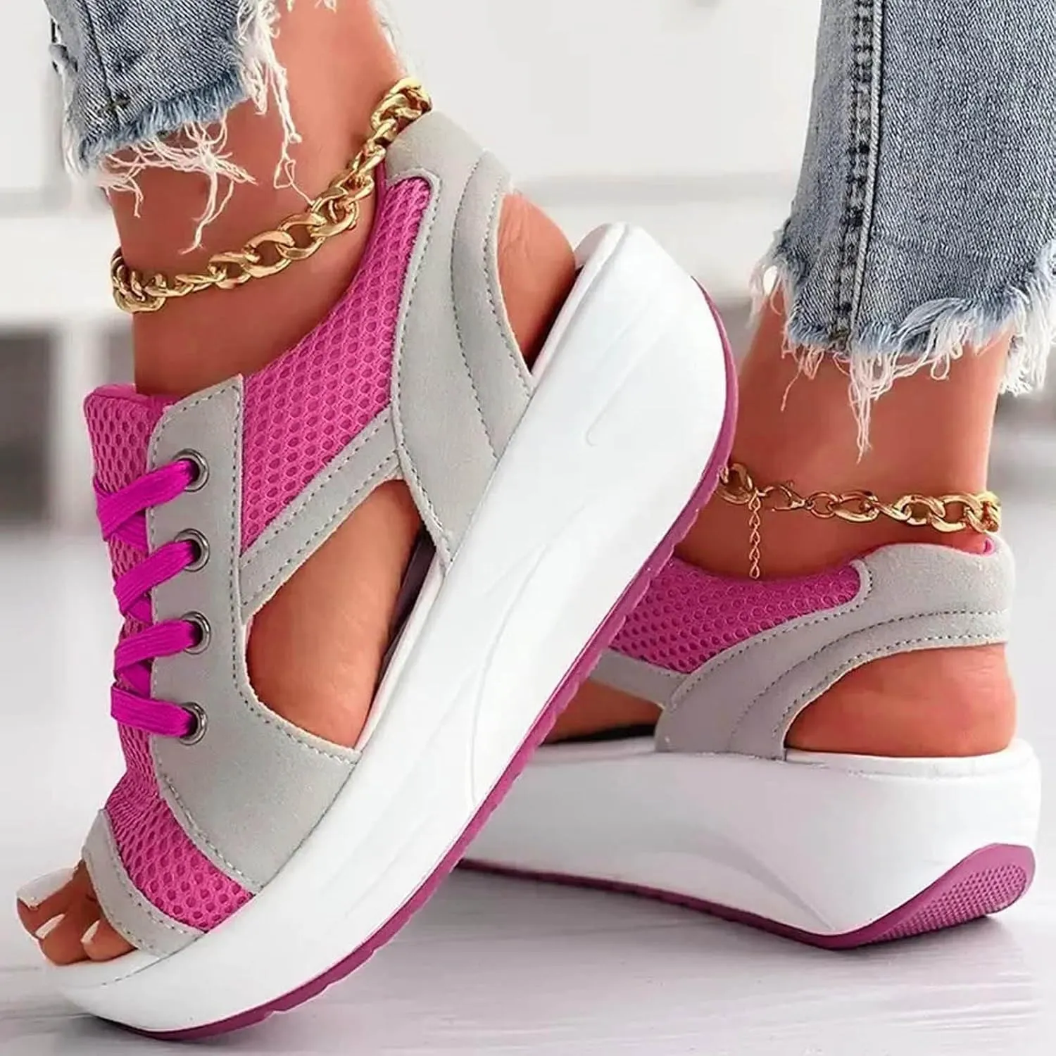 Contrast Paneled Cutout Lace-Up Muffin Sandals for Women Causal Summer Open Toe Platform Muffin Sandal Shoes
