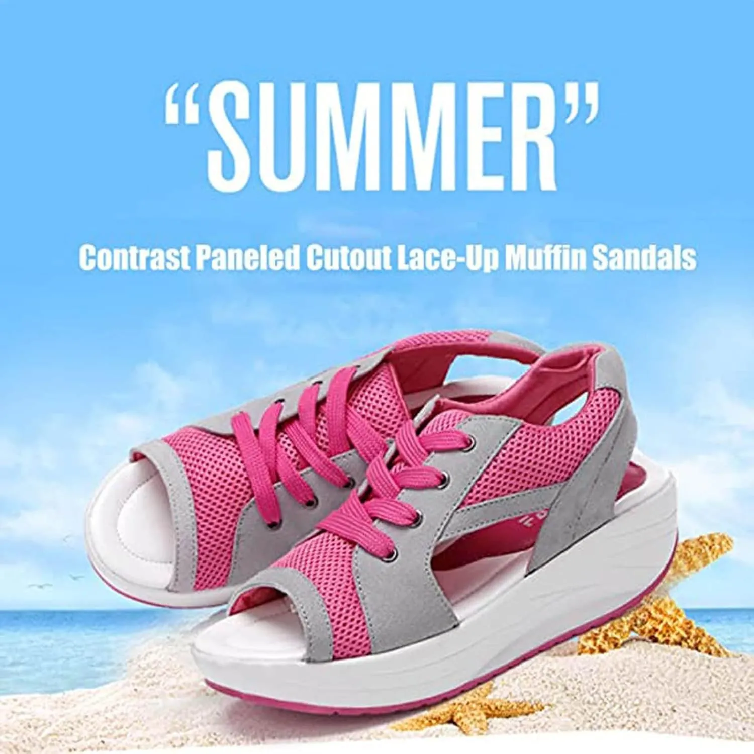 Contrast Paneled Cutout Lace-Up Muffin Sandals for Women Causal Summer Open Toe Platform Muffin Sandal Shoes