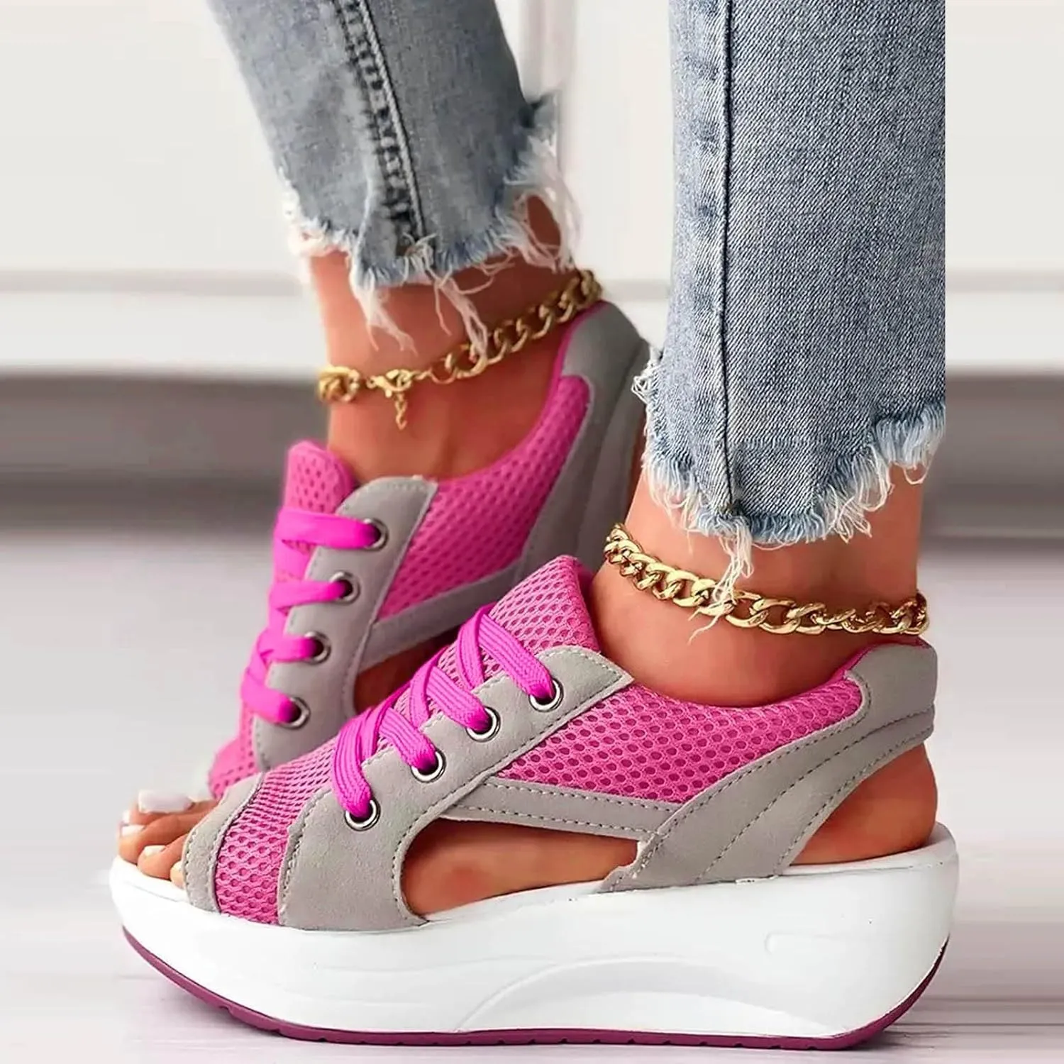 Contrast Paneled Cutout Lace-Up Muffin Sandals for Women Causal Summer Open Toe Platform Muffin Sandal Shoes