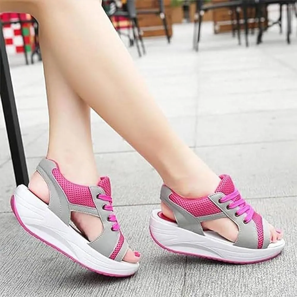 Contrast Paneled Cutout Lace-Up Muffin Sandals for Women, Causal Summer Tennis Shoes Open Toe Platform Sneaker