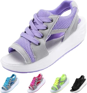 Contrast Paneled Cutout Lace-Up Muffin Sandals for Women, Causal Summer Tennis Shoes Open Toe Platform Sneaker