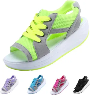 Contrast Paneled Cutout Lace-Up Muffin Sandals for Women, Causal Summer Tennis Shoes Open Toe Platform Sneaker