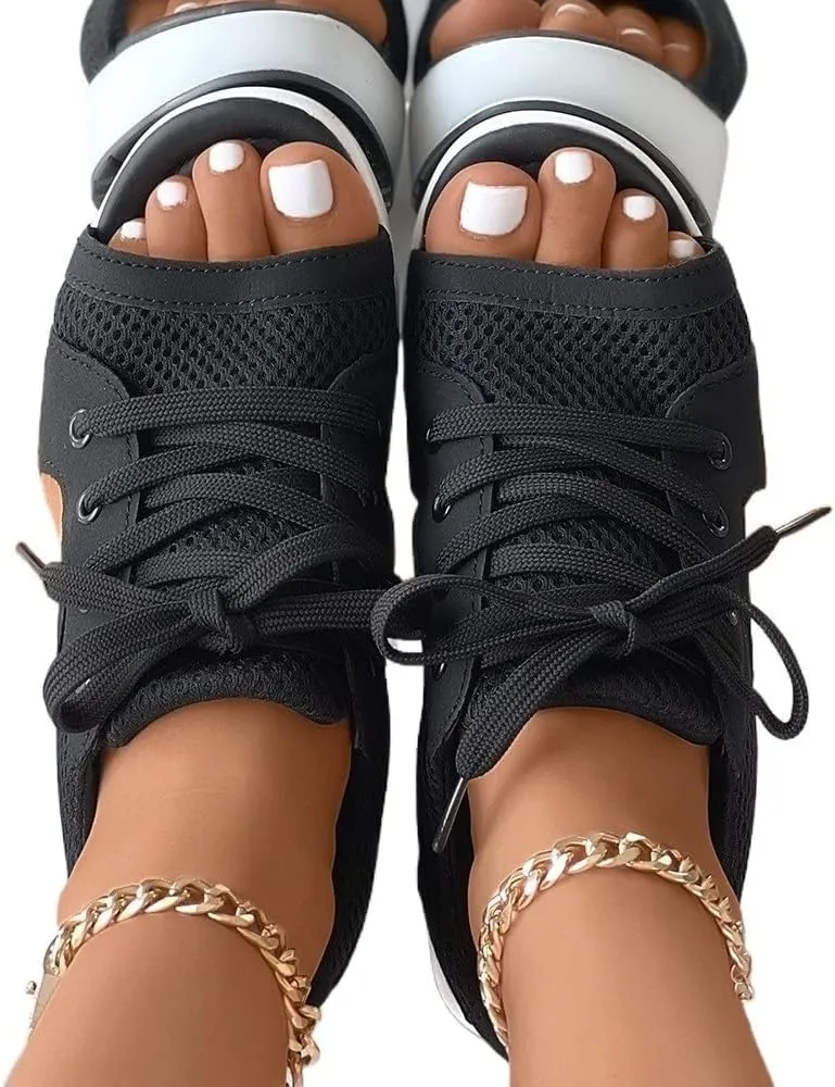 Contrast Paneled Cutout Lace-up Muffin Sandals,2023 Newest Women Causal Summer Toe Platform Sandals Shoes,The Summer Sports Beauty North Shoes