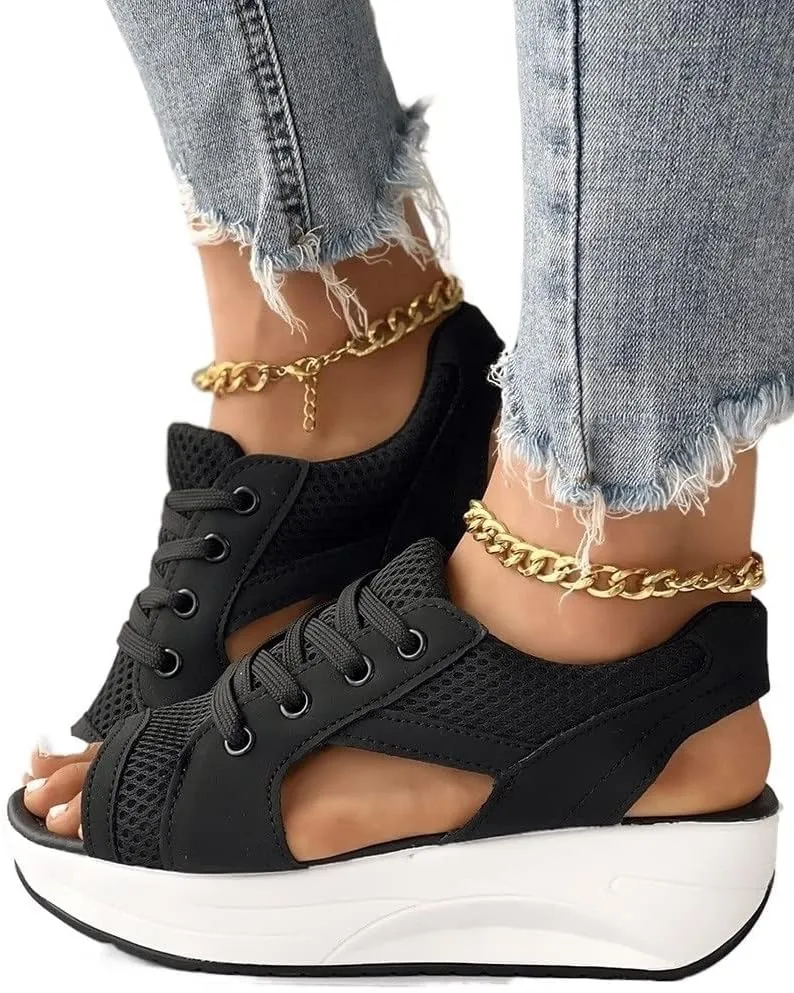 Contrast Paneled Cutout Lace-up Muffin Sandals,2023 Newest Women Causal Summer Toe Platform Sandals Shoes,The Summer Sports Beauty North Shoes