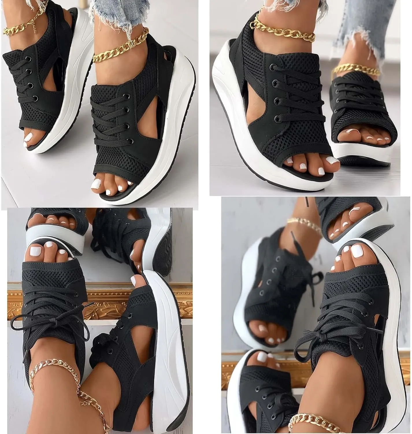 Contrast Paneled Cutout Lace-up Muffin Sandals,2023 Newest Women Causal Summer Toe Platform Sandals Shoes,The Summer Sports Beauty North Shoes