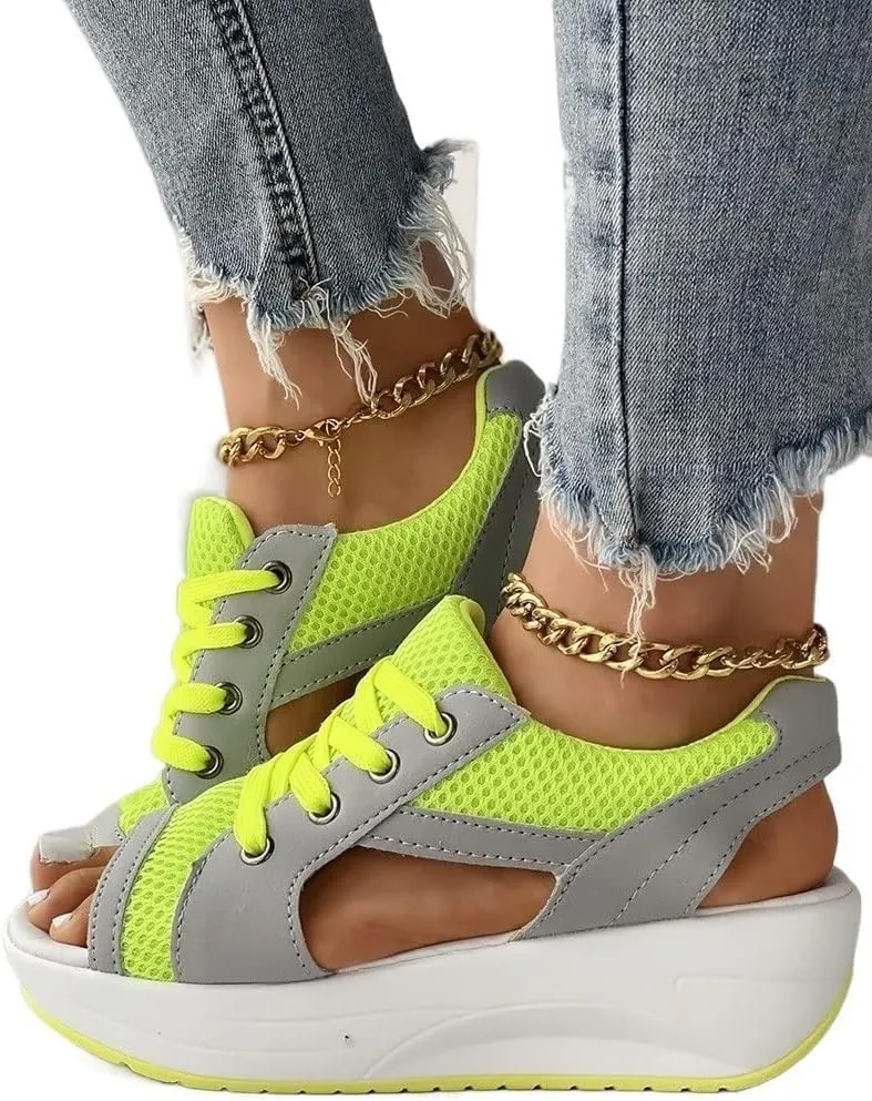 Contrast Paneled Cutout Lace-up Muffin Sandals,2023 Newest Women Causal Summer Toe Platform Sandals Shoes,The Summer Sports Beauty North Shoes