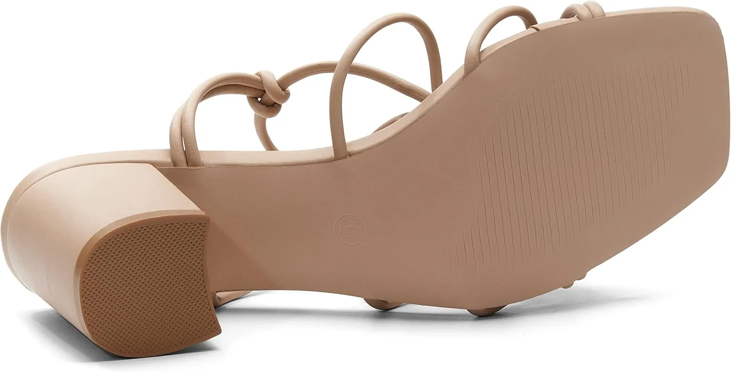 Coutgo Women's Chunky Heel Sandals Lace Up Heels Square Toe Strappy Straps Party Shoes