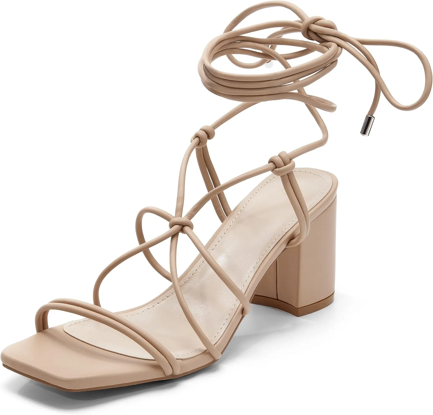 Coutgo Women's Chunky Heel Sandals Lace Up Heels Square Toe Strappy Straps Party Shoes