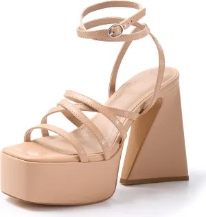 Coutgo Women's Platform High Heels Sandals Square Open Toe Strappy Pumps Lace Up Dress Party Summer Shoes