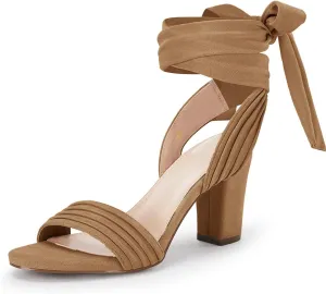 Coutgo Womens Strappy High Heels Chunky Heeled Sandals Bow Tie Lace Up Open Toe Pumps Dress Wedding Comfortable Shoes